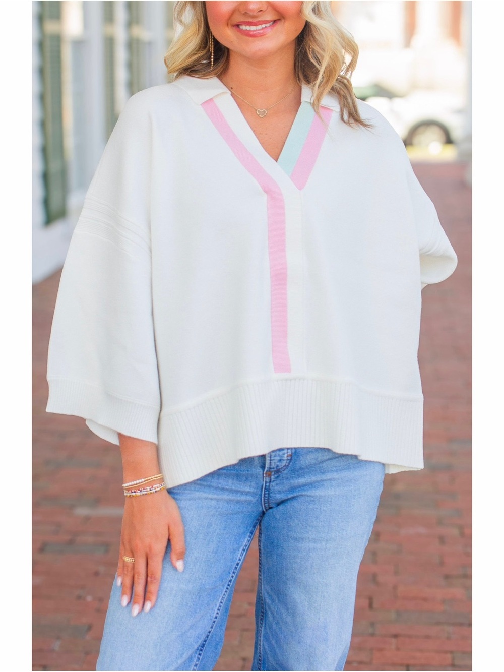 FATE Oversized Elbow Sleeve Compact Collared V Neck Sweater